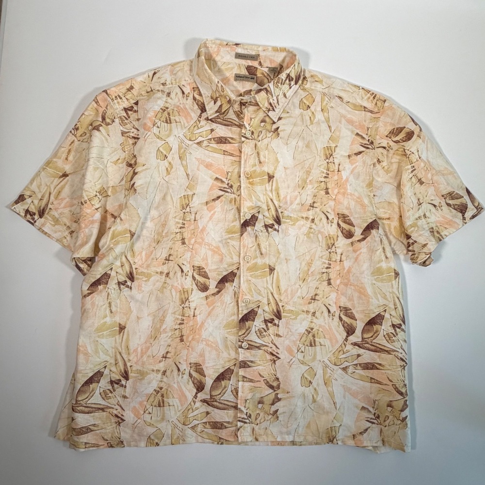Natural Blue Mens 3X Linen Blend Shirt Tropical Leaf Boho Minimalist Tan Peach